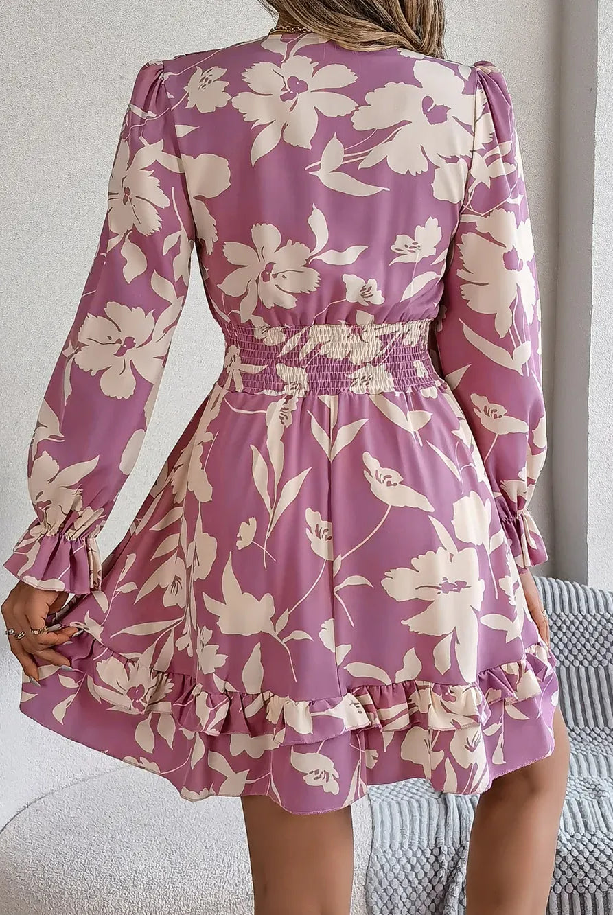 Tied Ruffled Printed Long Sleeve Dress-Krush Kandy, Women's Online Fashion Boutique Located in Phoenix, Arizona (Scottsdale Area)