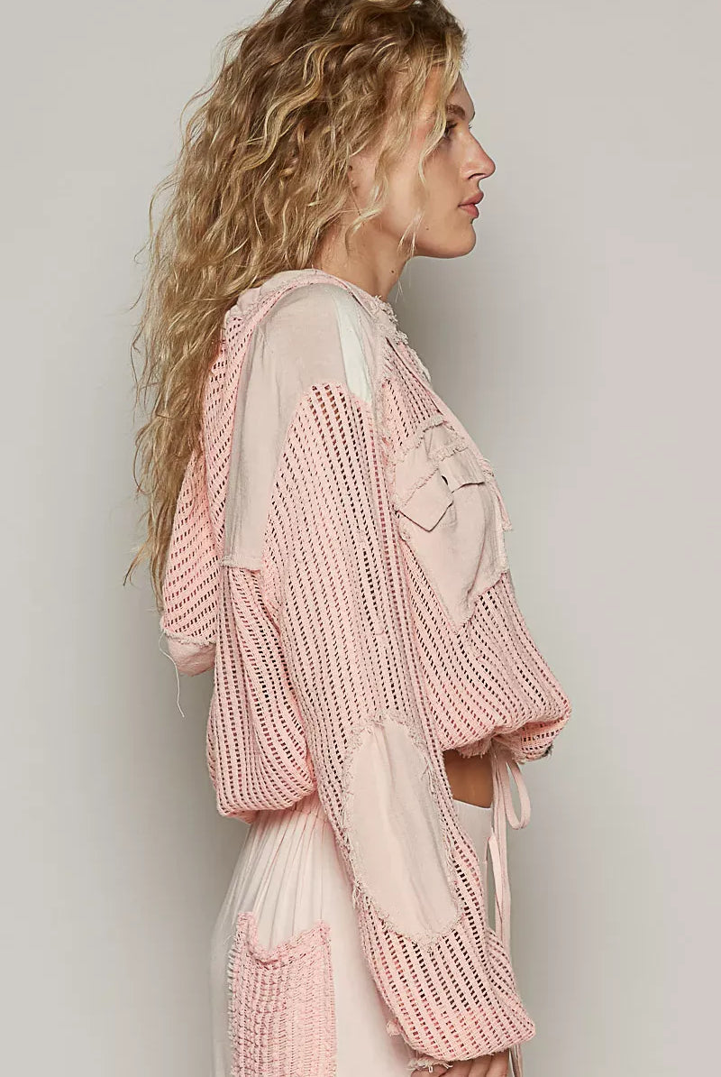 POL Texture Woven Button Down Hooded Shirt with Drawstring Hem-Jackets-Krush Kandy, Women's Online Fashion Boutique Located in Phoenix, Arizona (Scottsdale Area)