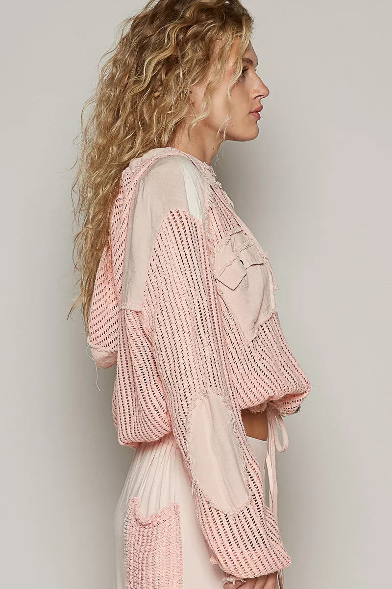 POL Texture Woven Button Down Hooded Shirt with Drawstring Hem-Jackets-Krush Kandy, Women's Online Fashion Boutique Located in Phoenix, Arizona (Scottsdale Area)