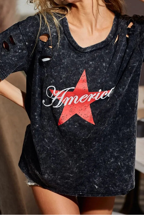BiBi Laser Cut Mineral Washed Jersey Top with America-Tops-Krush Kandy, Women's Online Fashion Boutique Located in Phoenix, Arizona (Scottsdale Area)