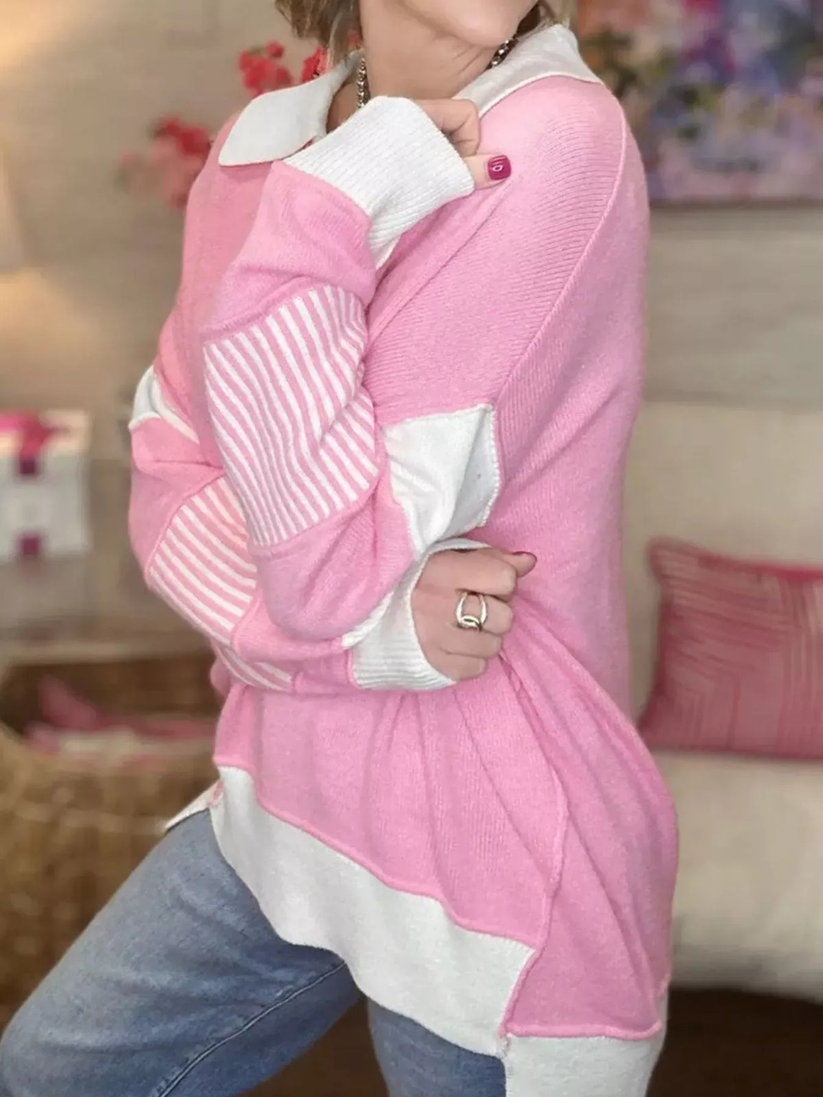 Contrasting Polo Collar Color Block Knit Drop Shoulder Sweater-Sweater-Krush Kandy, Women's Online Fashion Boutique Located in Phoenix, Arizona (Scottsdale Area)