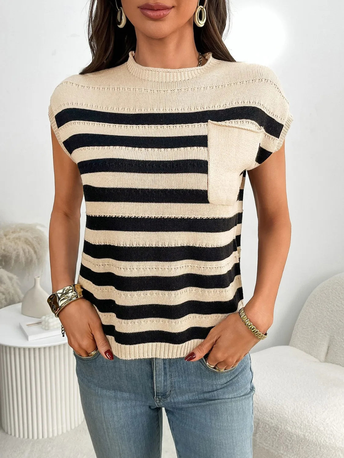 Striped Mock Neck Cap Sleeve Knit Top-Tops-Krush Kandy, Women's Online Fashion Boutique Located in Phoenix, Arizona (Scottsdale Area)
