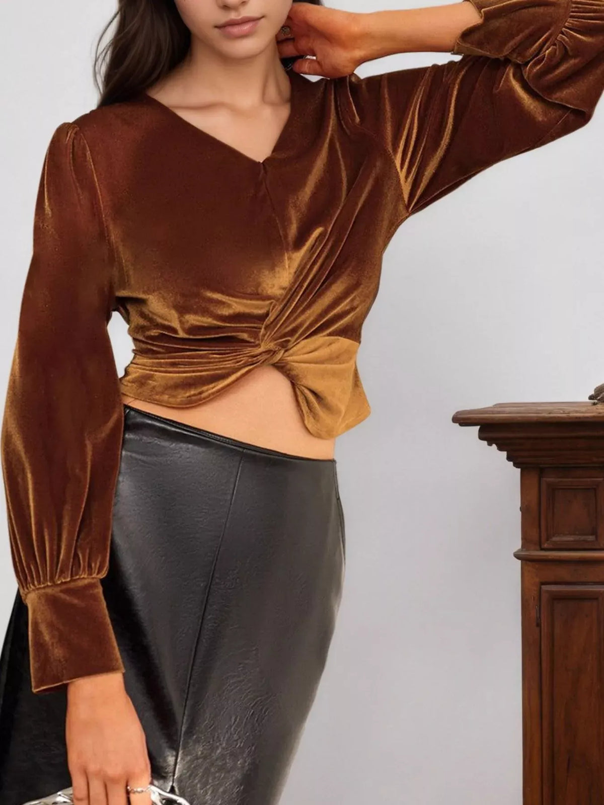 Twisted V-Neck Long Sleeve Blouse-Tops-Krush Kandy, Women's Online Fashion Boutique Located in Phoenix, Arizona (Scottsdale Area)