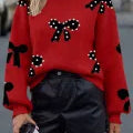 Pearl Embellished Bow Pattern Loose Sweater-Sweater-Krush Kandy, Women's Online Fashion Boutique Located in Phoenix, Arizona (Scottsdale Area)