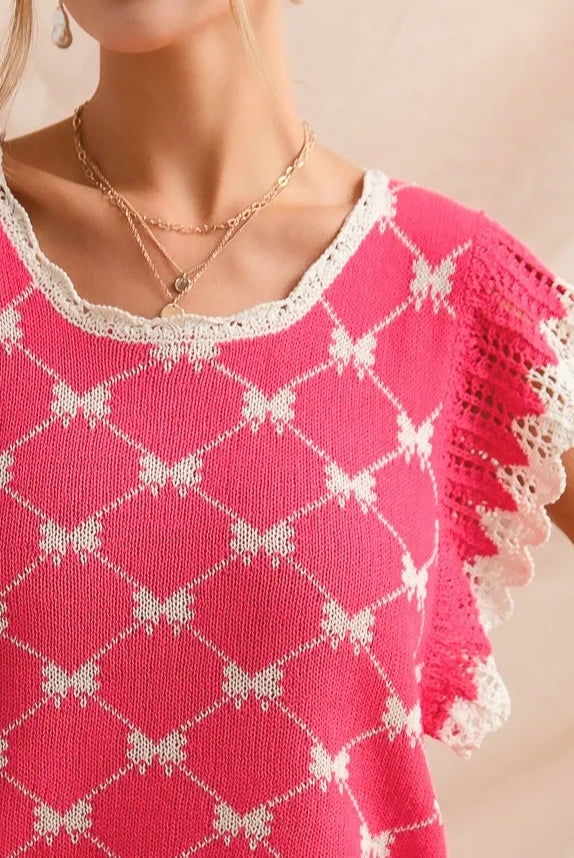 SO ME Bow Ribbon Pattern Sweater Top with Back Key Hole-Blouses-Krush Kandy, Women's Online Fashion Boutique Located in Phoenix, Arizona (Scottsdale Area)