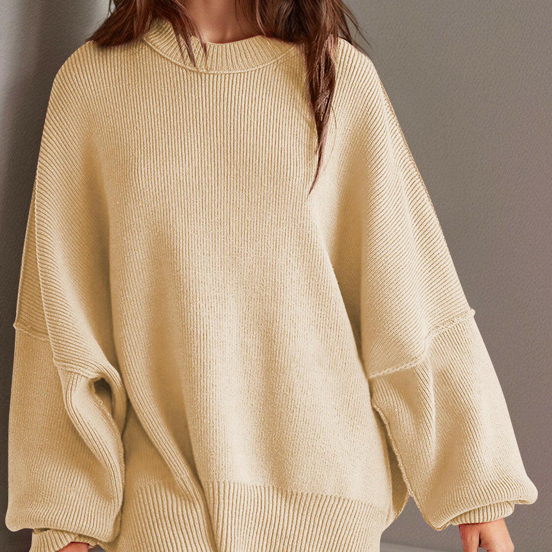 Double Take Side Slit Round Neck Long Sleeve Sweater-Sweaters-Krush Kandy, Women's Online Fashion Boutique Located in Phoenix, Arizona (Scottsdale Area)