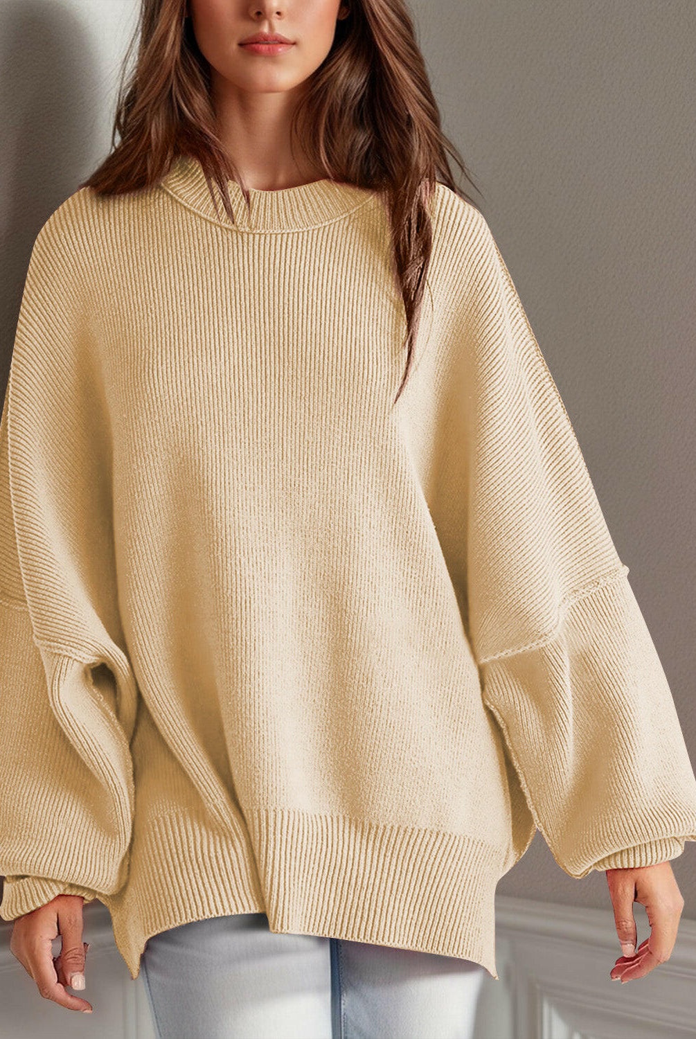 Double Take Side Slit Round Neck Long Sleeve Sweater-Sweaters-Krush Kandy, Women's Online Fashion Boutique Located in Phoenix, Arizona (Scottsdale Area)