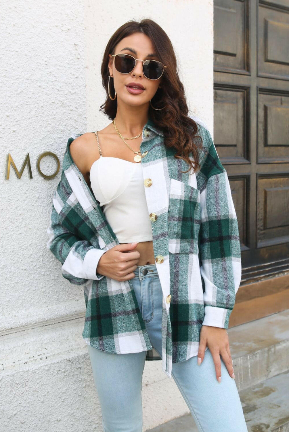 Plaid Button Up Collared Neck Long Sleeve Shirt-Long Sleeve Tops-Krush Kandy, Women's Online Fashion Boutique Located in Phoenix, Arizona (Scottsdale Area)