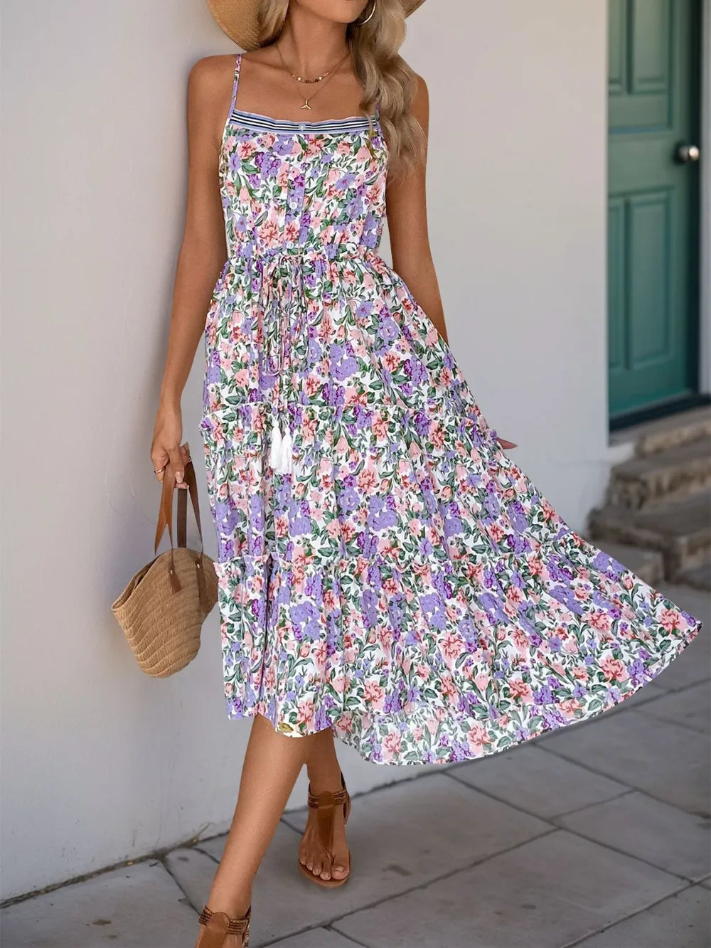 Perfee Decor Button Printed Sleeveless Tiered Midi Dress-Dresses-Krush Kandy, Women's Online Fashion Boutique Located in Phoenix, Arizona (Scottsdale Area)