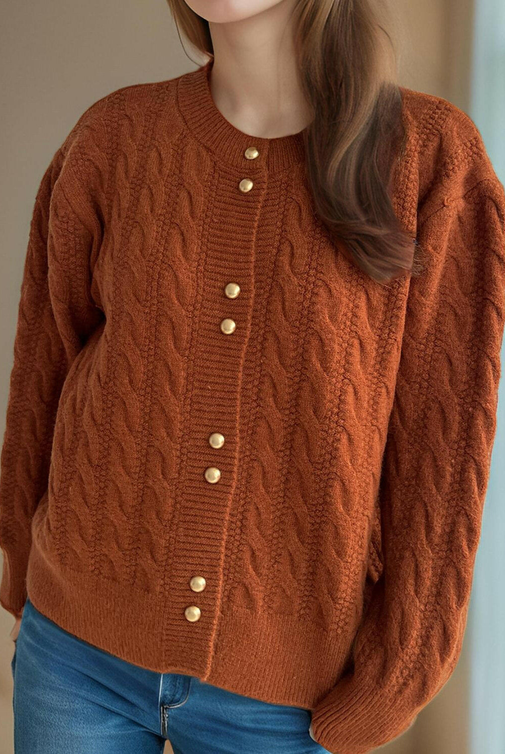 Cable-Knit Round Neck Long Sleeve Cardigan-Cardigans-Krush Kandy, Women's Online Fashion Boutique Located in Phoenix, Arizona (Scottsdale Area)