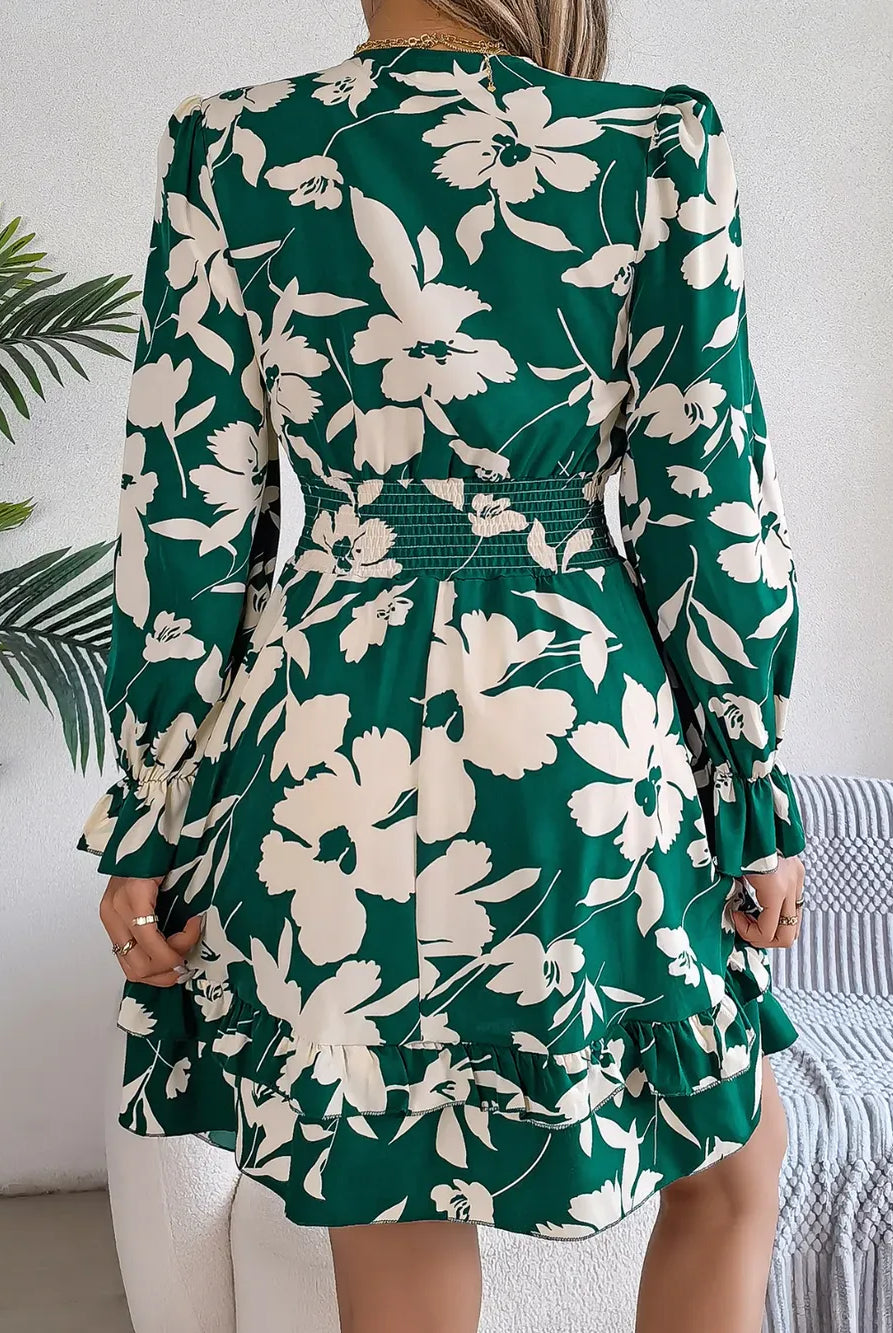 Tied Ruffled Printed Long Sleeve Dress-Krush Kandy, Women's Online Fashion Boutique Located in Phoenix, Arizona (Scottsdale Area)