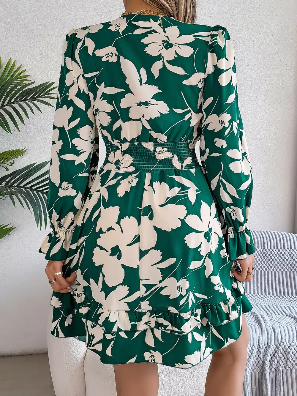 Tied Ruffled Printed Long Sleeve Dress-Krush Kandy, Women's Online Fashion Boutique Located in Phoenix, Arizona (Scottsdale Area)