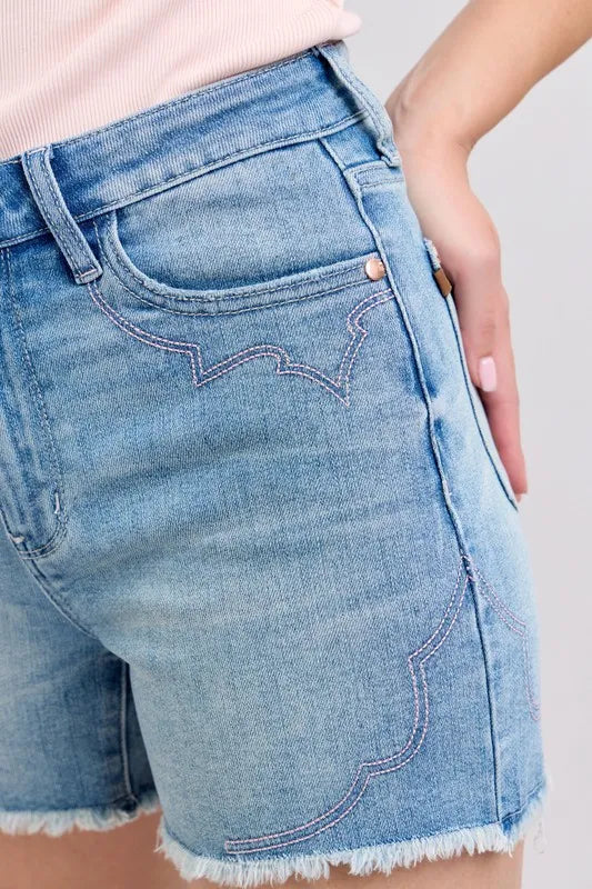 Judy Blue High Waist Western Embroidery Cut-Off Shorts-Denim-Krush Kandy, Women's Online Fashion Boutique Located in Phoenix, Arizona (Scottsdale Area)