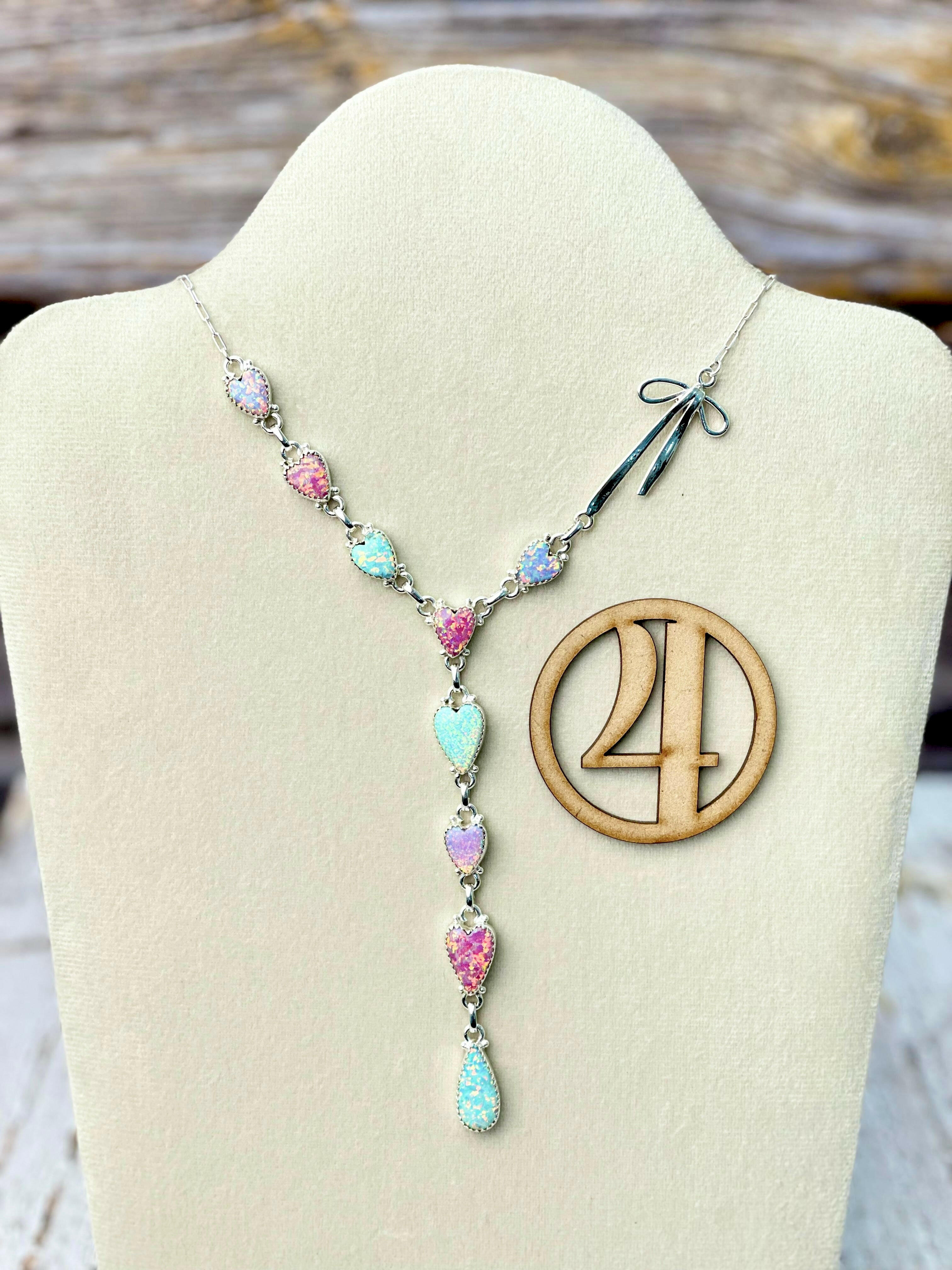 Opal Heart & Sterling Bow Necklace-Necklaces-Krush Kandy, Women's Online Fashion Boutique Located in Phoenix, Arizona (Scottsdale Area)