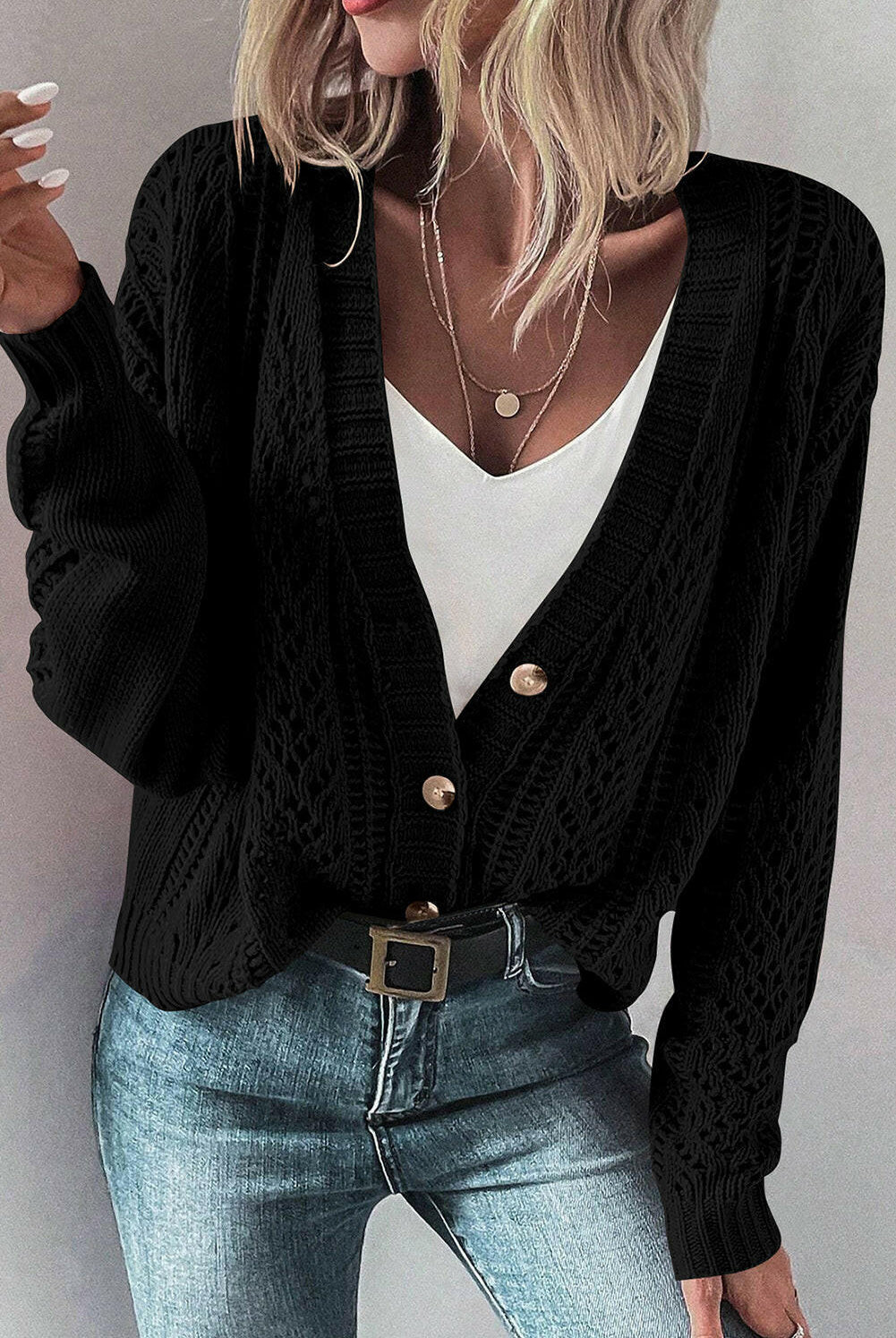 Openwork Button Up Long Sleeve Cardigan-Sweaters-Krush Kandy, Women's Online Fashion Boutique Located in Phoenix, Arizona (Scottsdale Area)