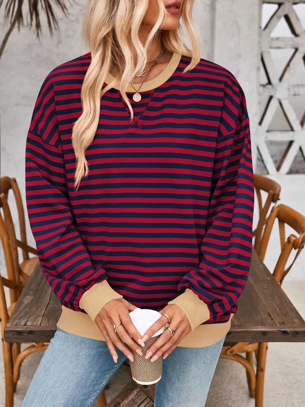 Lovelet Contrast Striped Long Sleeve Sweatshirt-Sweaters-Krush Kandy, Women's Online Fashion Boutique Located in Phoenix, Arizona (Scottsdale Area)