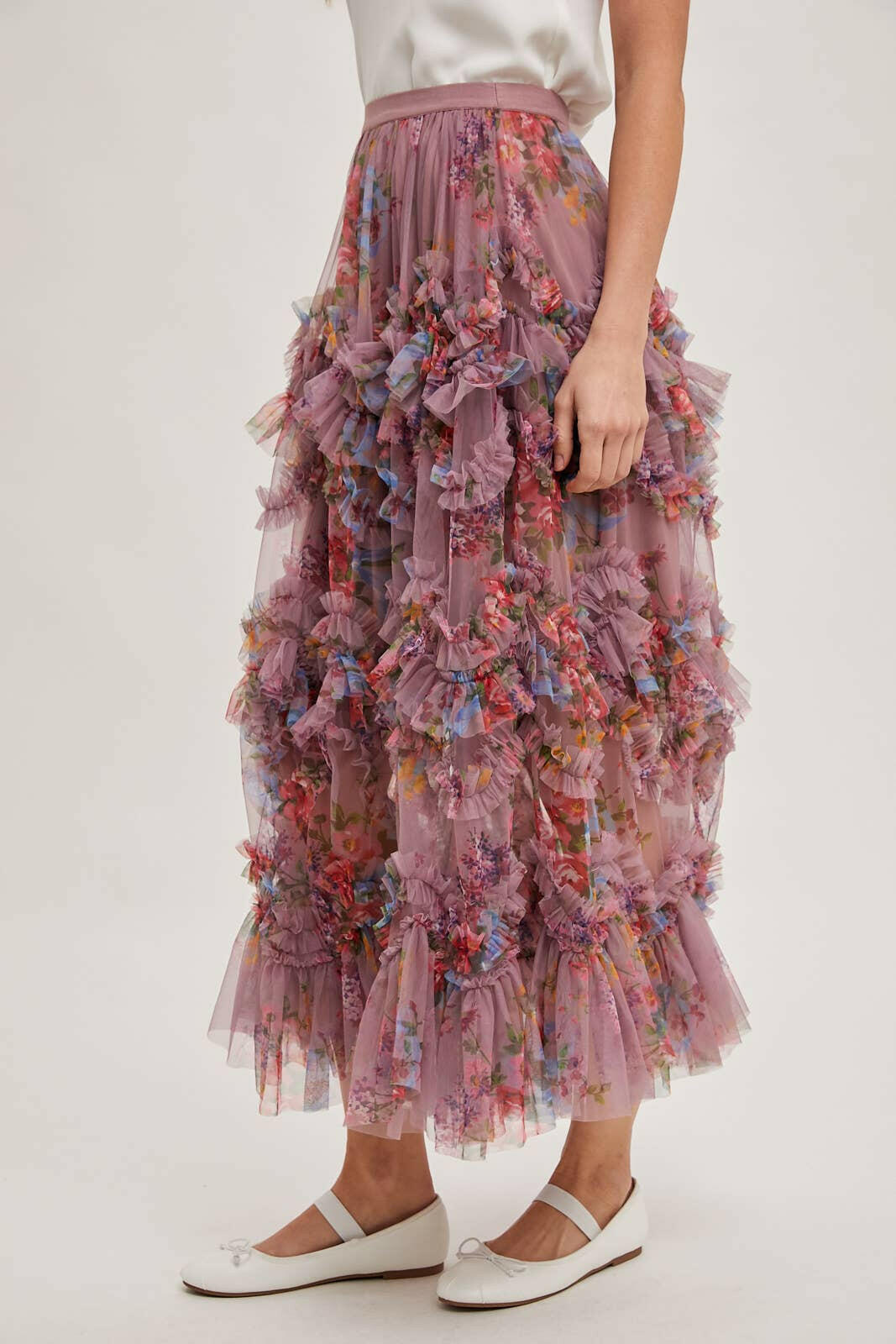 Floral Ruffled Mesh Midi Skirt-Skirts-Krush Kandy, Women's Online Fashion Boutique Located in Phoenix, Arizona (Scottsdale Area)