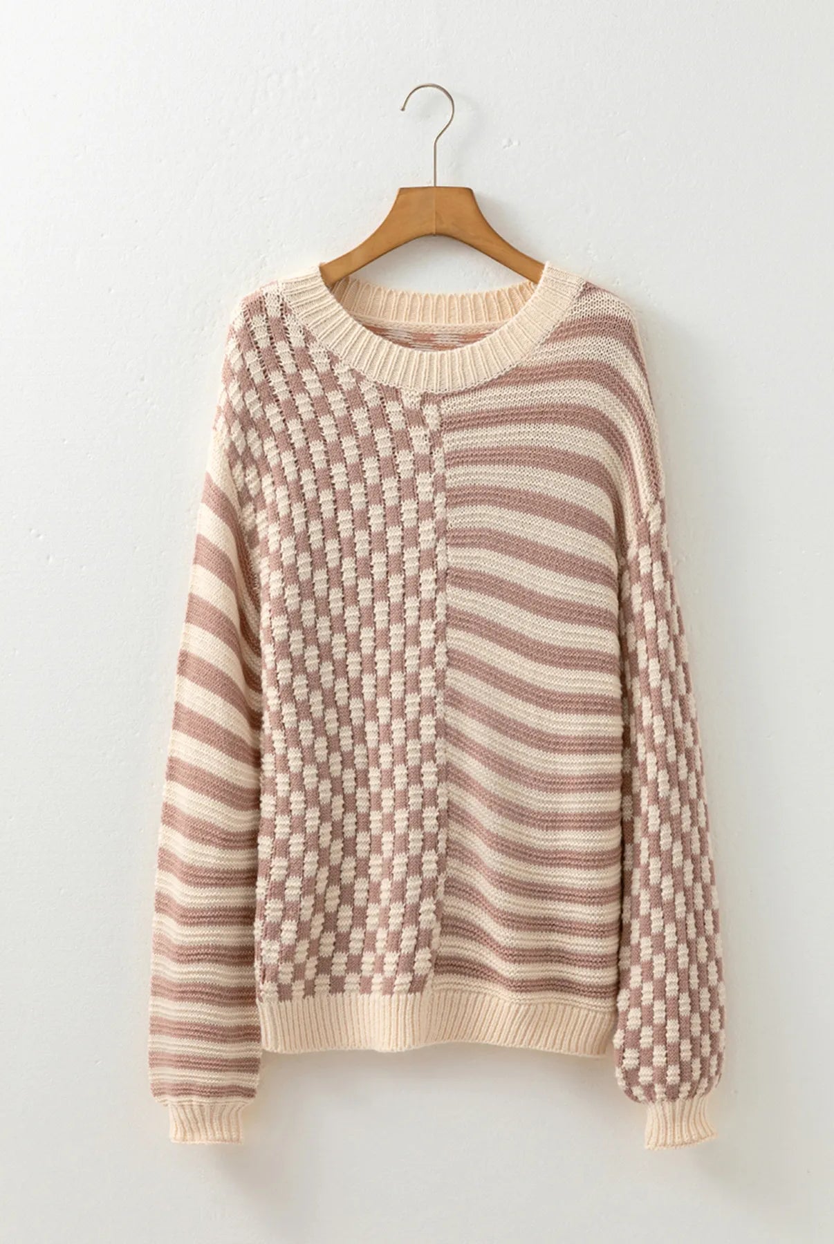 Stripe Checkerboard Drop Shoulder Balloon Sleeve Sweater-Sweaters-Krush Kandy, Women's Online Fashion Boutique Located in Phoenix, Arizona (Scottsdale Area)