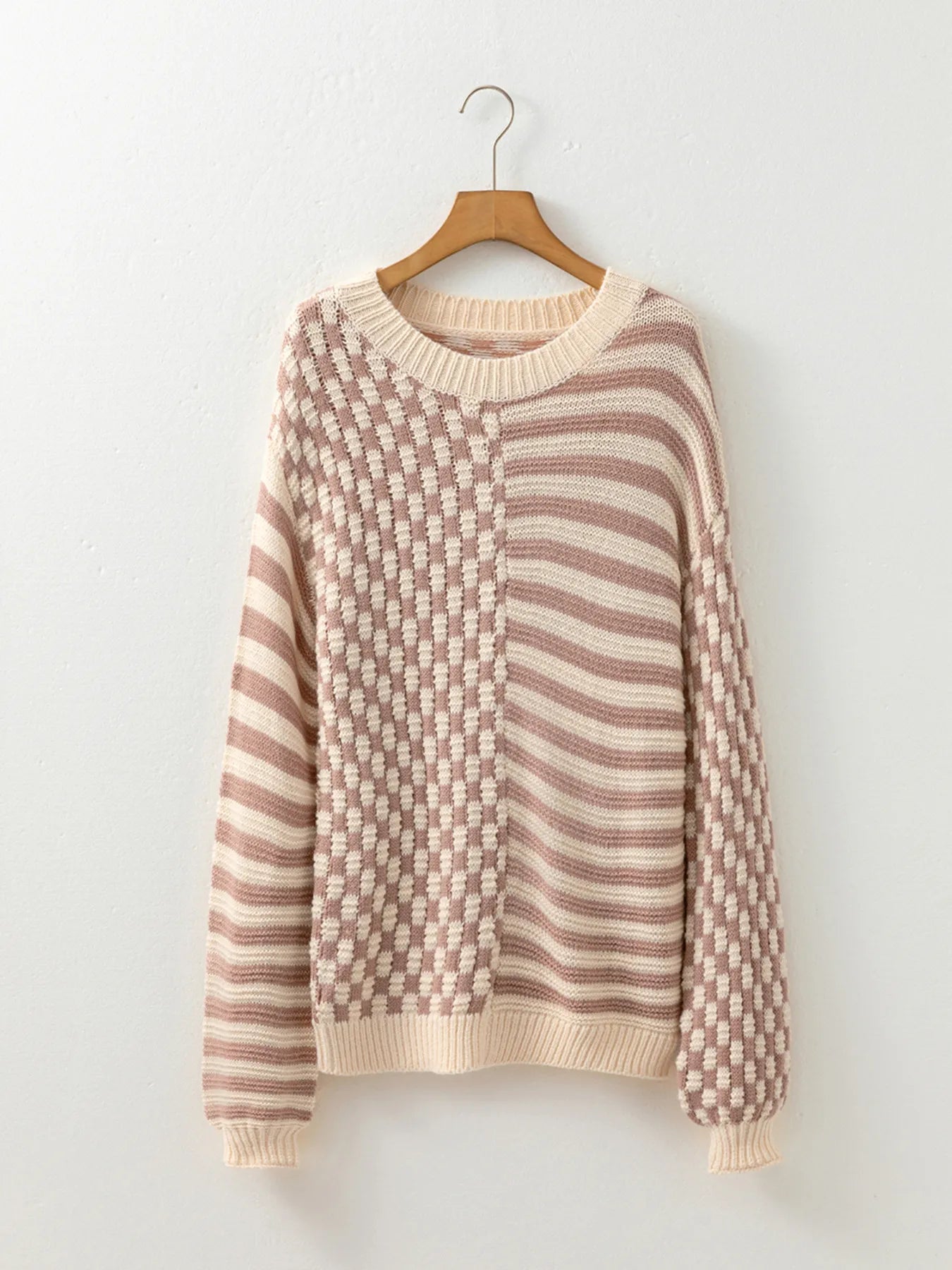 Stripe Checkerboard Drop Shoulder Balloon Sleeve Sweater-Sweaters-Krush Kandy, Women's Online Fashion Boutique Located in Phoenix, Arizona (Scottsdale Area)