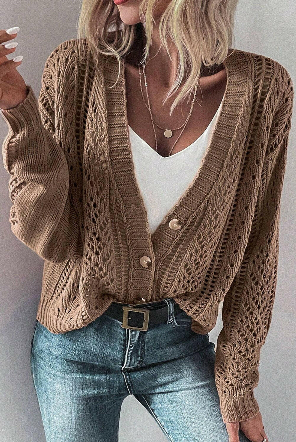 Openwork Button Up Long Sleeve Cardigan-Sweaters-Krush Kandy, Women's Online Fashion Boutique Located in Phoenix, Arizona (Scottsdale Area)