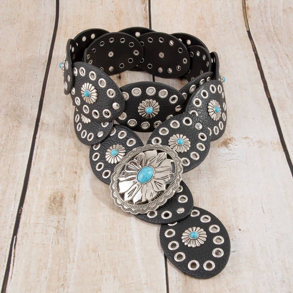 Western Turquoise Concho Disc Leather Belt