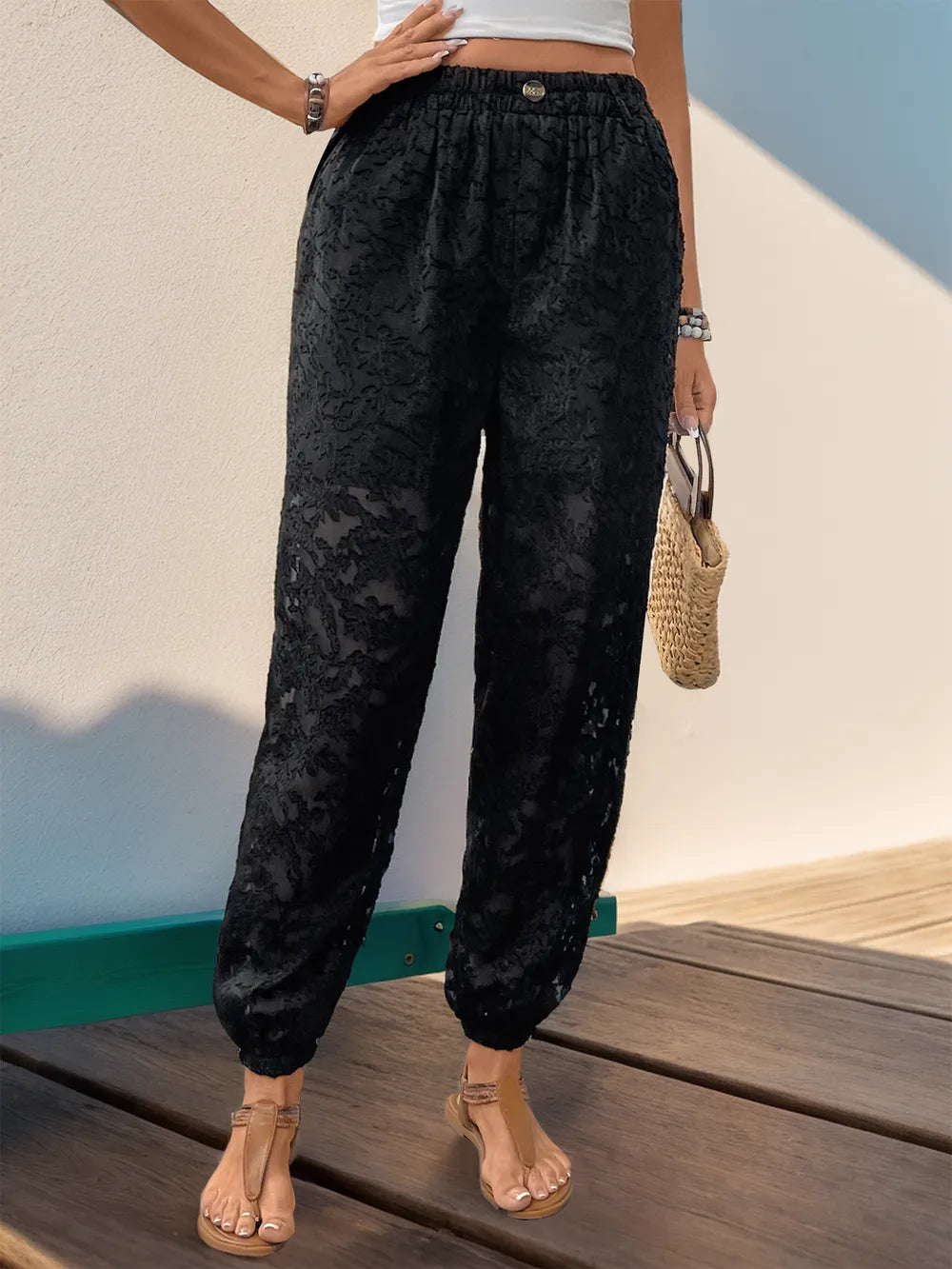 Pocketed Lace Elastic Waist Pants-Pants-Krush Kandy, Women's Online Fashion Boutique Located in Phoenix, Arizona (Scottsdale Area)