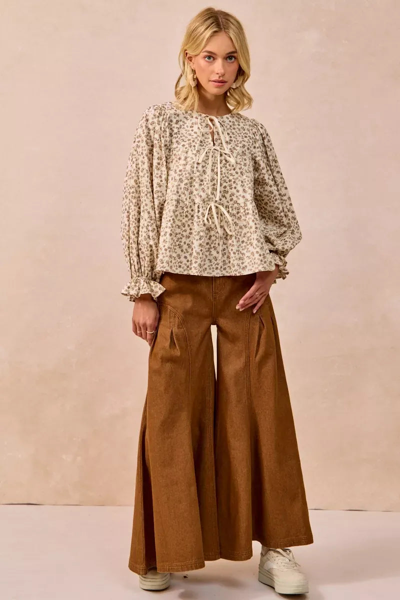 BiBi Floral Printed Peplum Blouse with Shirring and Tied-Tops-Krush Kandy, Women's Online Fashion Boutique Located in Phoenix, Arizona (Scottsdale Area)