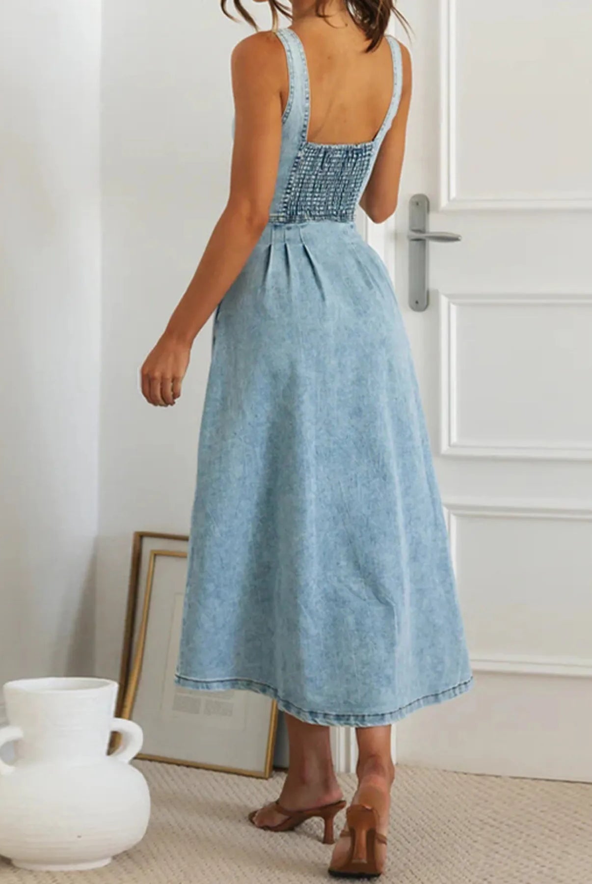 Sweetheart Neck Button-Front Midi Denim Dress-Krush Kandy, Women's Online Fashion Boutique Located in Phoenix, Arizona (Scottsdale Area)