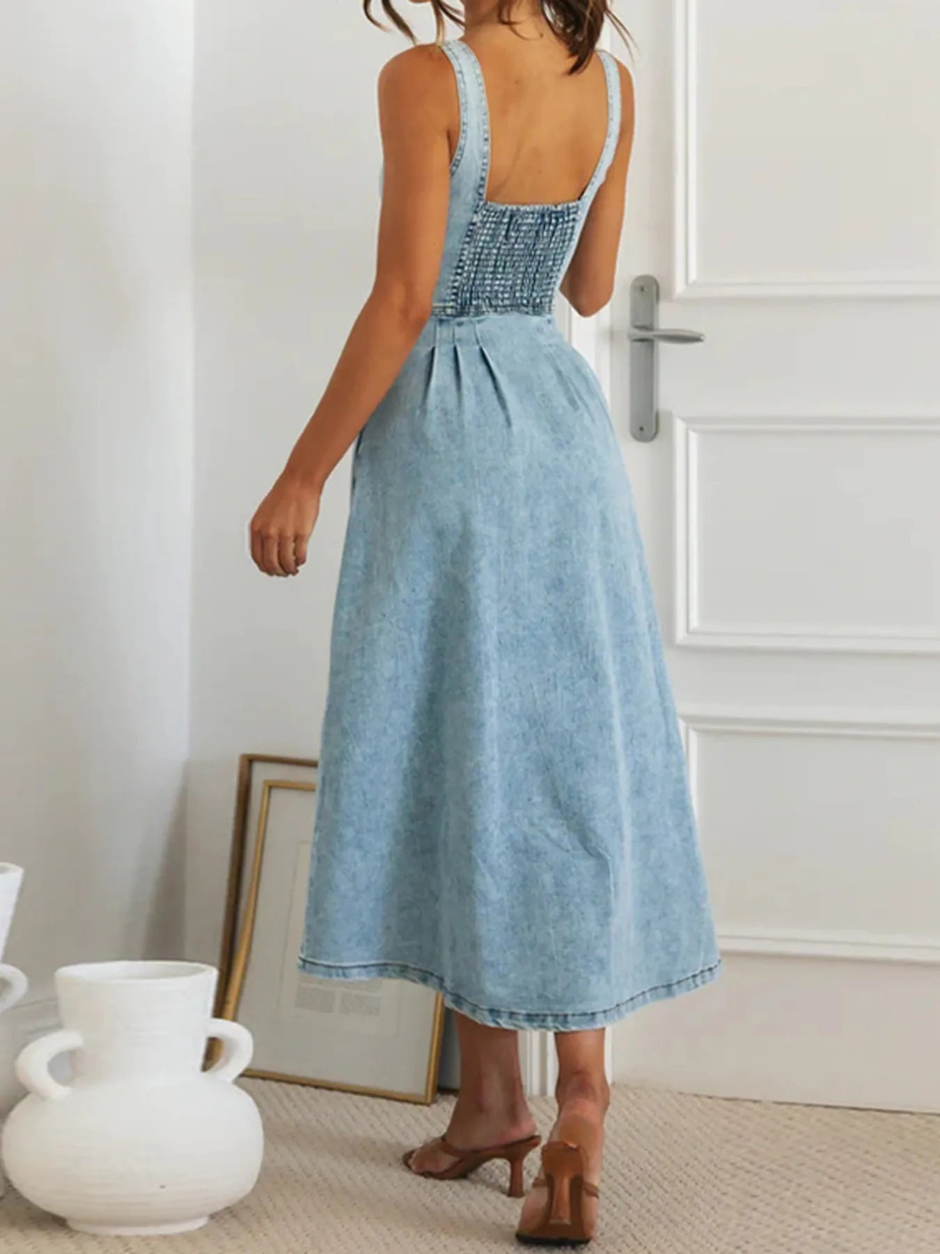 Sweetheart Neck Button-Front Midi Denim Dress-Krush Kandy, Women's Online Fashion Boutique Located in Phoenix, Arizona (Scottsdale Area)