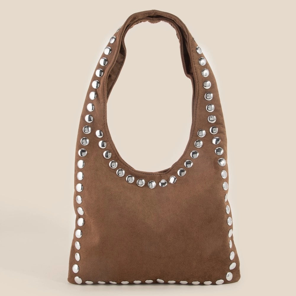 Grommet Border Studded Suede Shoulder Bag