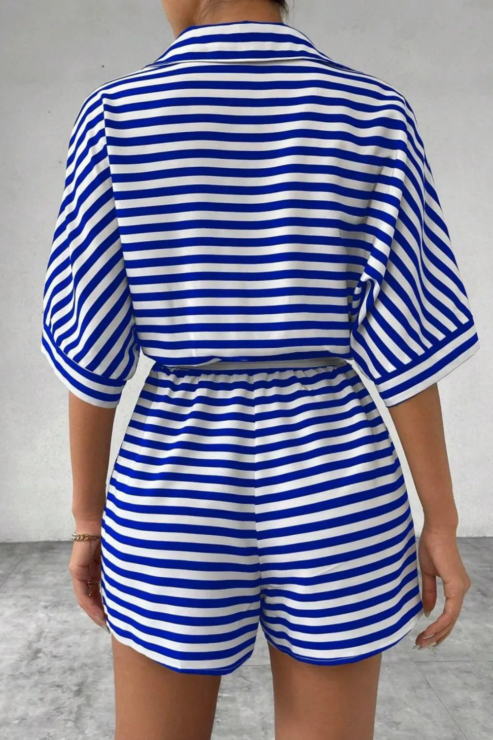 Striped Collared Neck Tie Waist Romper-Krush Kandy, Women's Online Fashion Boutique Located in Phoenix, Arizona (Scottsdale Area)