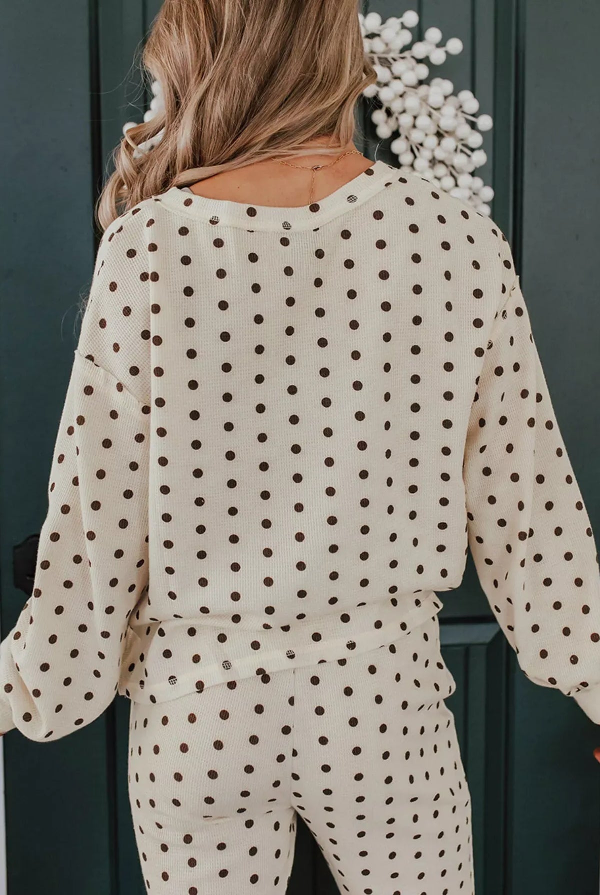 Polka Dot Notched Long Sleeve Top and Drawstring Joggers Lounge Set-Loungewear-Krush Kandy, Women's Online Fashion Boutique Located in Phoenix, Arizona (Scottsdale Area)