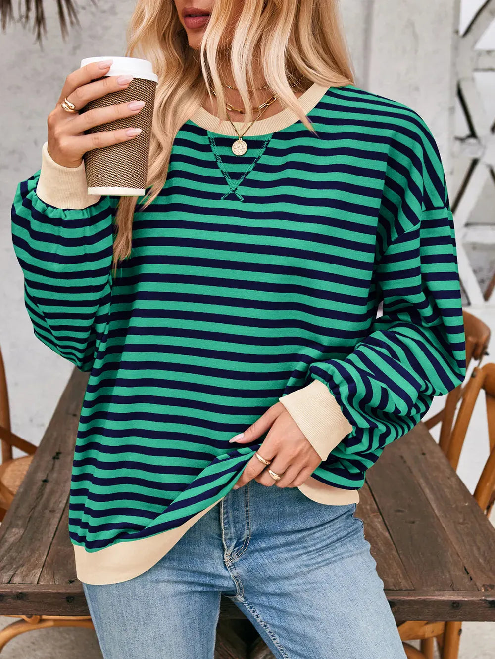 Lovelet Contrast Striped Long Sleeve Sweatshirt-Sweaters-Krush Kandy, Women's Online Fashion Boutique Located in Phoenix, Arizona (Scottsdale Area)