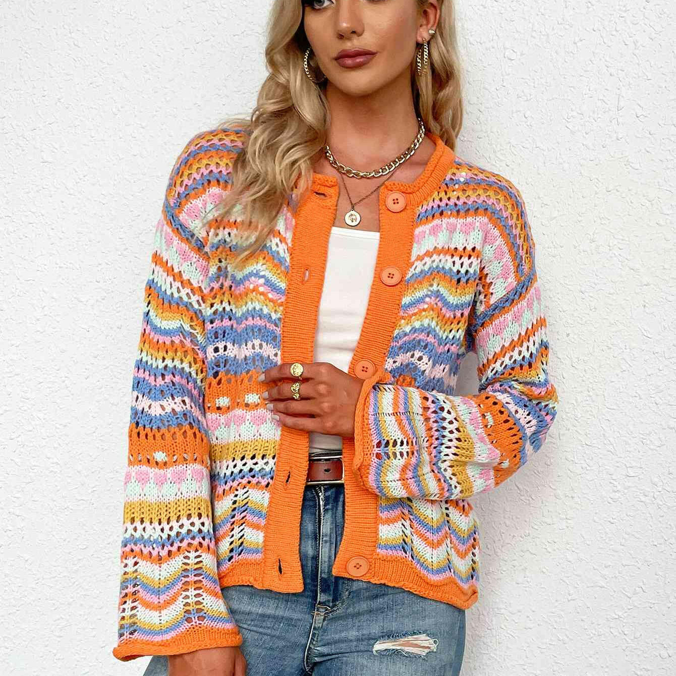 Chevron Stripes Openwork Cardigan-Krush Kandy, Women's Online Fashion Boutique Located in Phoenix, Arizona (Scottsdale Area)