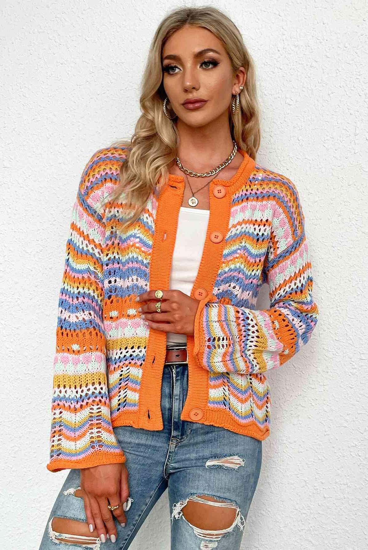 Chevron Stripes Openwork Cardigan-Krush Kandy, Women's Online Fashion Boutique Located in Phoenix, Arizona (Scottsdale Area)