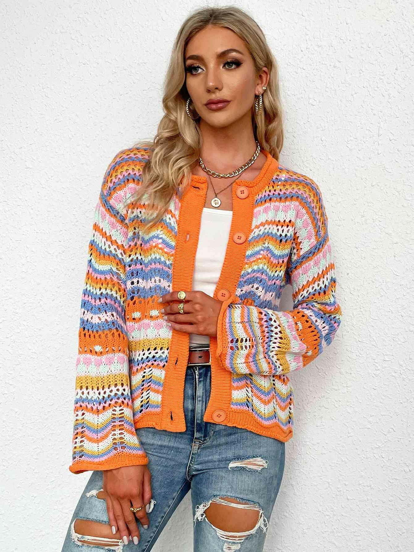 Chevron Stripes Openwork Cardigan-Krush Kandy, Women's Online Fashion Boutique Located in Phoenix, Arizona (Scottsdale Area)