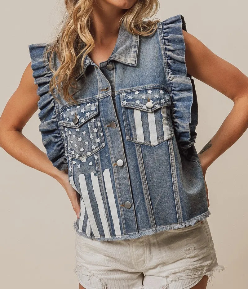 BiBi American Flag Washed Denim Jacket-Tops-Krush Kandy, Women's Online Fashion Boutique Located in Phoenix, Arizona (Scottsdale Area)