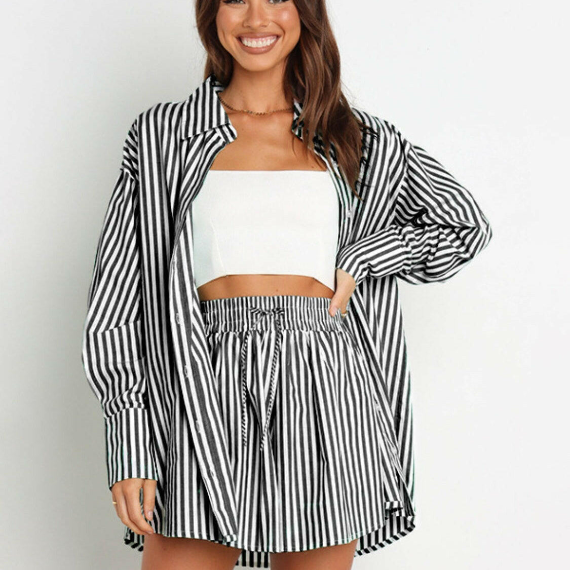 Bon Voyage Striped Button Down Top & Shorts Set-2 Piece Outfit Sets-Krush Kandy, Women's Online Fashion Boutique Located in Phoenix, Arizona (Scottsdale Area)