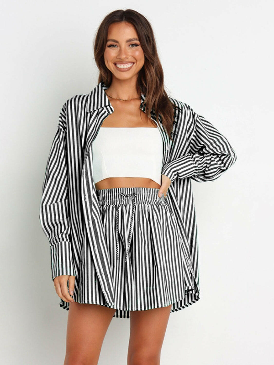 Bon Voyage Striped Button Down Top & Shorts Set-2 Piece Outfit Sets-Krush Kandy, Women's Online Fashion Boutique Located in Phoenix, Arizona (Scottsdale Area)