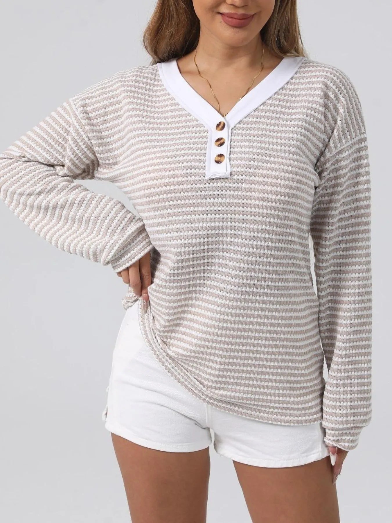 Striped Button Detail Long Sleeve Top-Long Sleeve Tops-Krush Kandy, Women's Online Fashion Boutique Located in Phoenix, Arizona (Scottsdale Area)