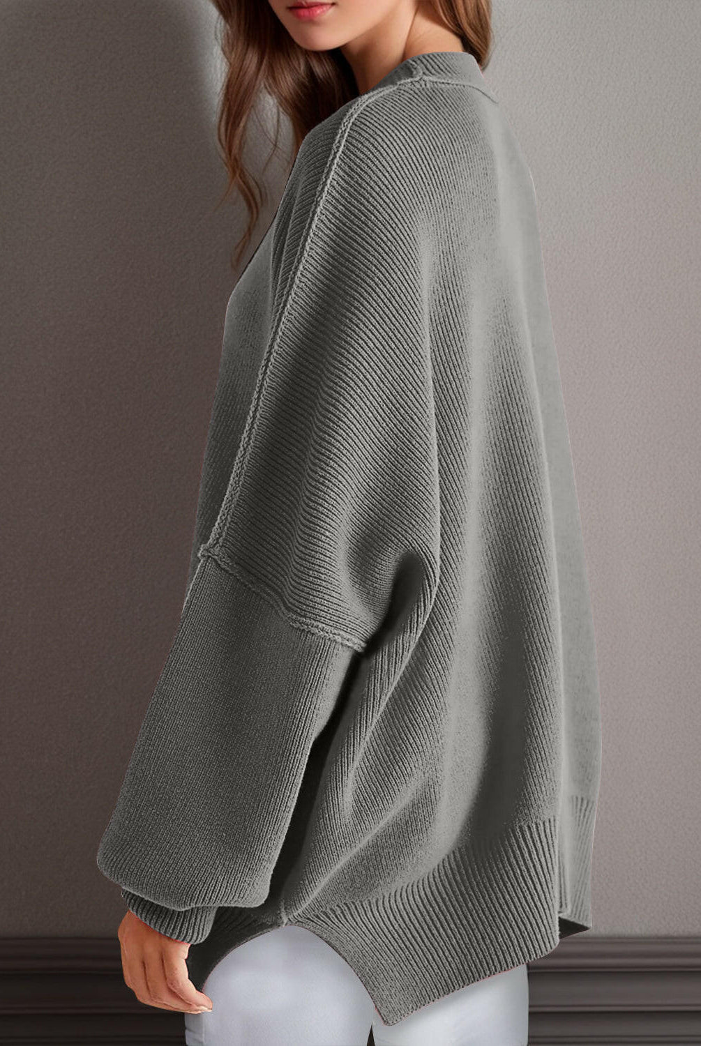Double Take Side Slit Round Neck Long Sleeve Sweater-Sweaters-Krush Kandy, Women's Online Fashion Boutique Located in Phoenix, Arizona (Scottsdale Area)