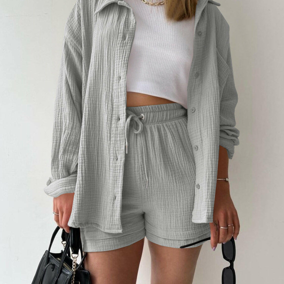 Kinsley Texture Button-Up Shirt and Drawstring Shorts Set-Krush Kandy, Women's Online Fashion Boutique Located in Phoenix, Arizona (Scottsdale Area)
