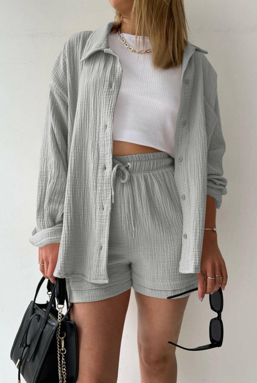 Kinsley Texture Button-Up Shirt and Drawstring Shorts Set-Krush Kandy, Women's Online Fashion Boutique Located in Phoenix, Arizona (Scottsdale Area)