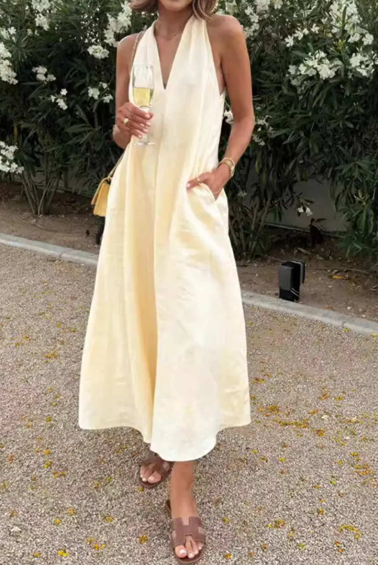 Halter V-Neck Linen Midi Dress-Krush Kandy, Women's Online Fashion Boutique Located in Phoenix, Arizona (Scottsdale Area)