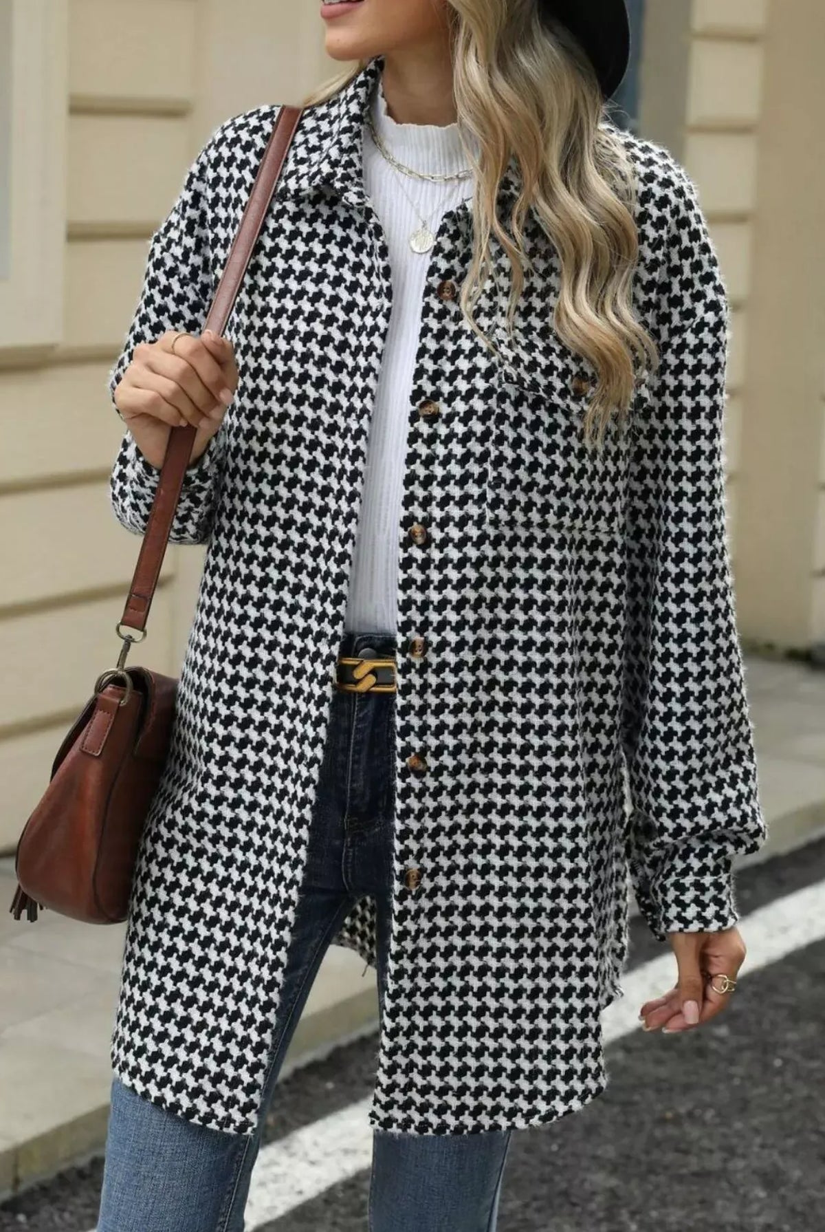 Houndstooth Button Up Long Sleeve Coat-Jacket-Krush Kandy, Women's Online Fashion Boutique Located in Phoenix, Arizona (Scottsdale Area)
