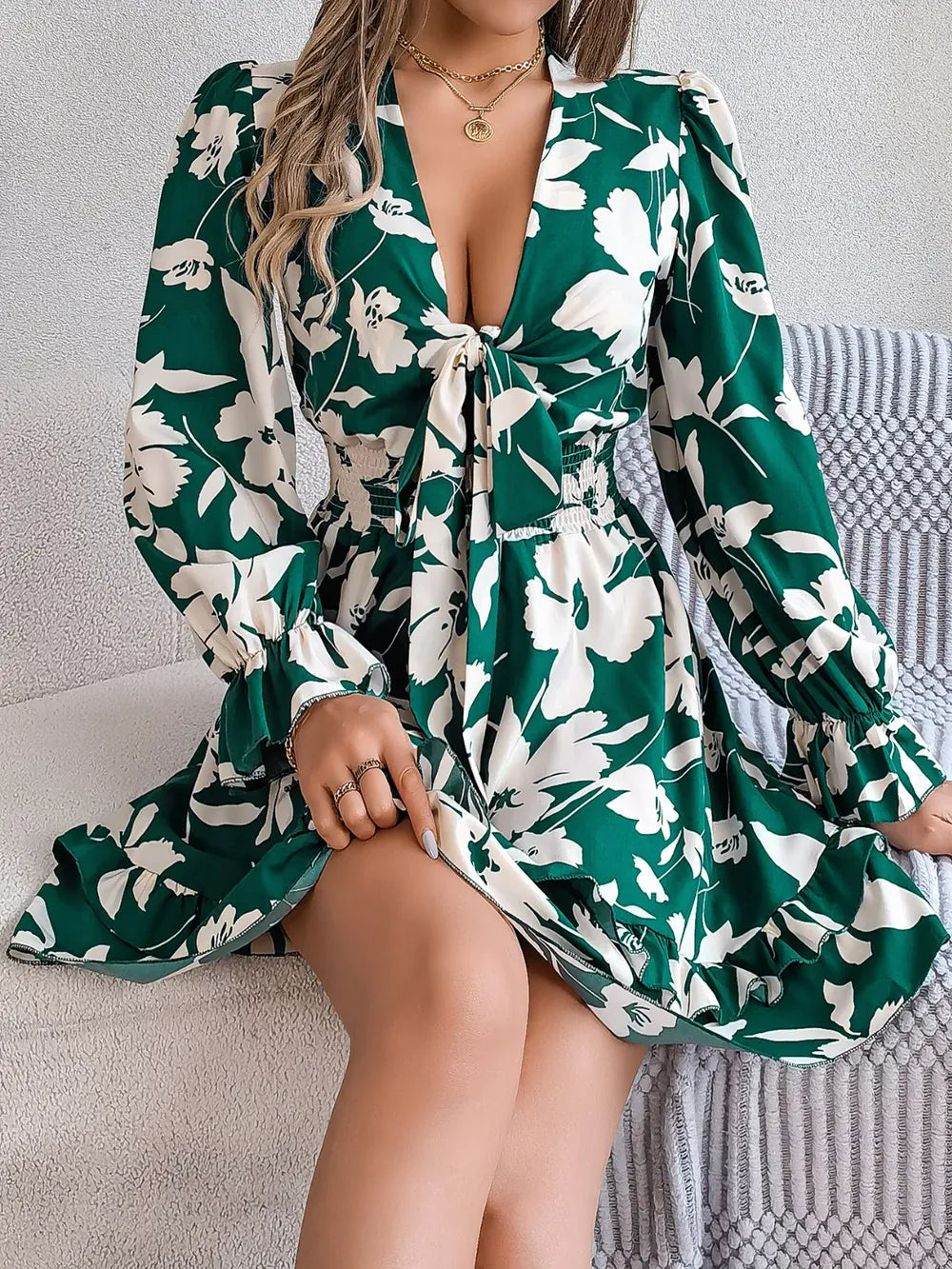 Tied Ruffled Printed Long Sleeve Dress-Krush Kandy, Women's Online Fashion Boutique Located in Phoenix, Arizona (Scottsdale Area)