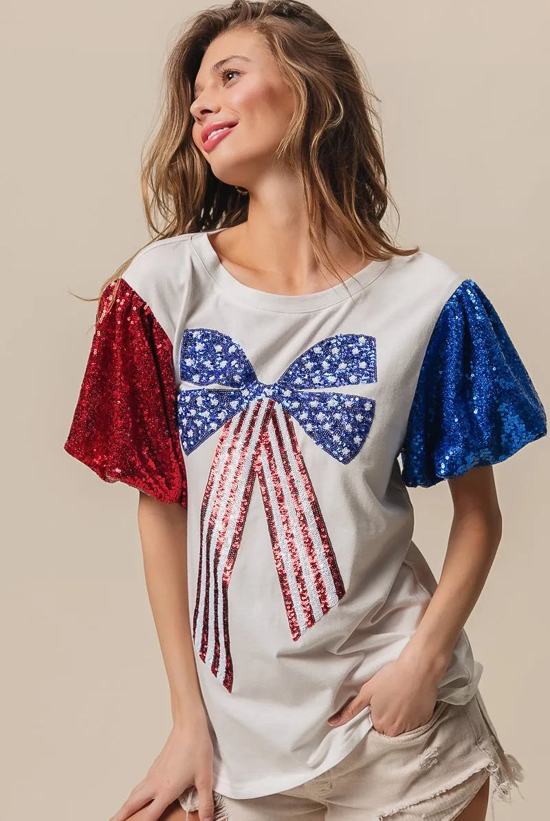BiBi Sequin American Flag Bow Top-Tops-Krush Kandy, Women's Online Fashion Boutique Located in Phoenix, Arizona (Scottsdale Area)