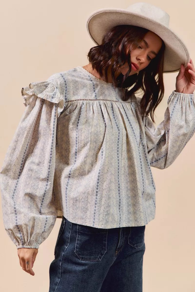 SO ME Floral Cotton Print Ruffled Long Sleeve Blouse-Tops-Krush Kandy, Women's Online Fashion Boutique Located in Phoenix, Arizona (Scottsdale Area)