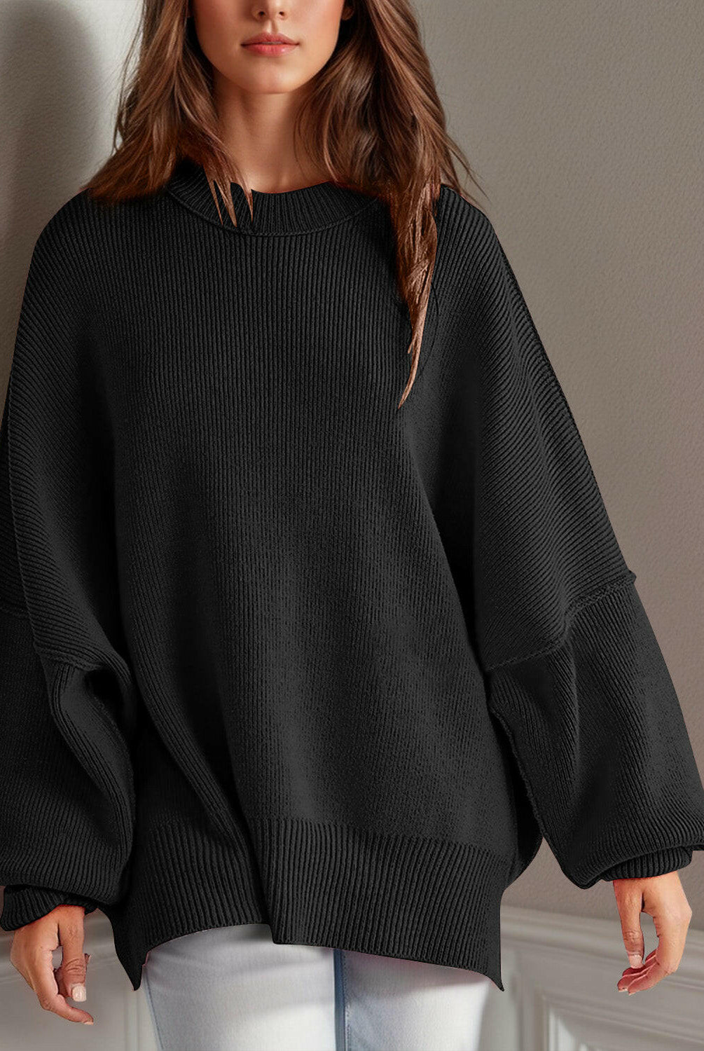 Double Take Side Slit Round Neck Long Sleeve Sweater-Sweaters-Krush Kandy, Women's Online Fashion Boutique Located in Phoenix, Arizona (Scottsdale Area)