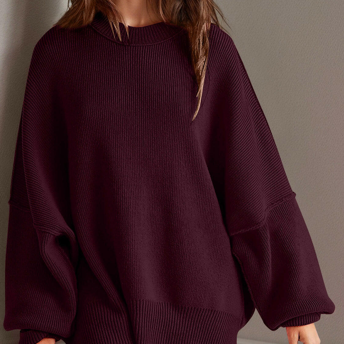 Double Take Side Slit Round Neck Long Sleeve Sweater-Sweaters-Krush Kandy, Women's Online Fashion Boutique Located in Phoenix, Arizona (Scottsdale Area)